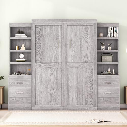 DEYOBED Multifunctional Full Size Murphy Bed with Storage Shelves and Drawers, Solid Wood Platform Bed Wall Bed Cabinet Bed for Guest Room Home Office, Ideal for Small Spaces, Gray