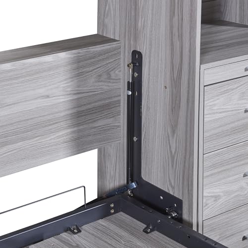 DEYOBED Multifunctional Full Size Murphy Bed with Storage Shelves and Drawers, Solid Wood Platform Bed Wall Bed Cabinet Bed for Guest Room Home Office, Ideal for Small Spaces, Gray