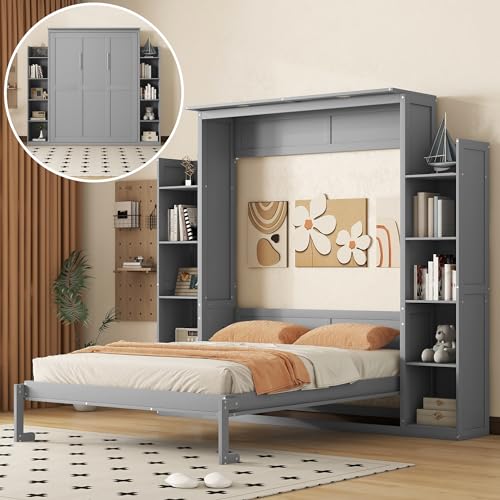 Jintop Queen Size Murphy Bed Wall Bed with Shelves and LED Lights,can be Folded,Hideaway Cabinet Bed Frame W/ 2 Five-layer Cabinets,Slat Support,for Apartment,Bedroom,Guest Room,Gray