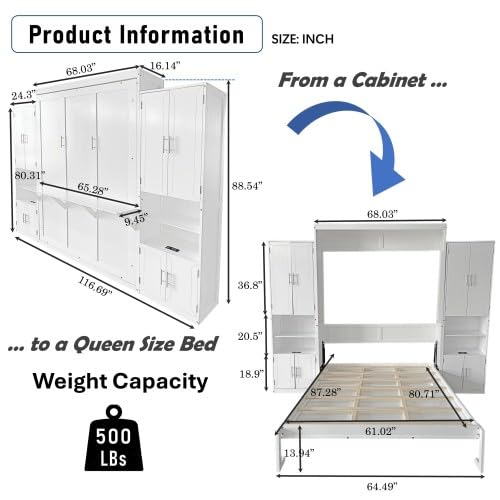 UOCFYK Queen Size Murphy Bed Wall Bed with 2 Side Cabinet Storage Shelf & Desk Combo,68-inch Vertical Wall Bedframe w/Can Be Folded for Bedroom Guest Room Small Space, White