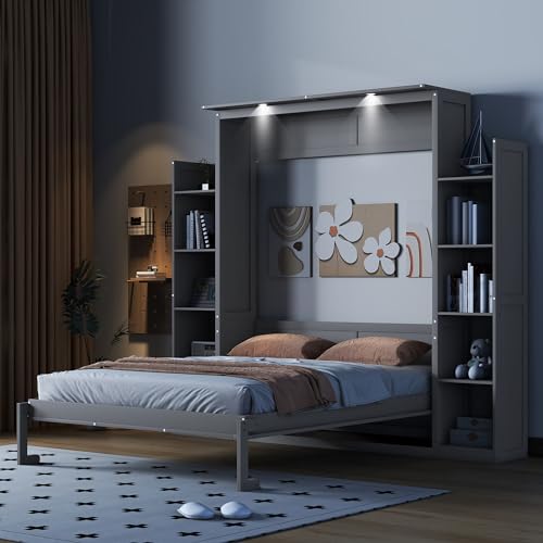 Jintop Queen Size Murphy Bed Wall Bed with Shelves and LED Lights,can be Folded,Hideaway Cabinet Bed Frame W/ 2 Five-layer Cabinets,Slat Support,for Apartment,Bedroom,Guest Room,Gray