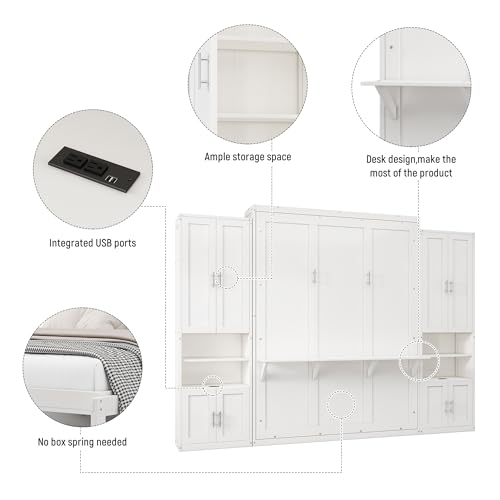 UOCFYK Queen Size Murphy Bed Wall Bed with 2 Side Cabinet Storage Shelf & Desk Combo,68-inch Vertical Wall Bedframe w/Can Be Folded for Bedroom Guest Room Small Space, White