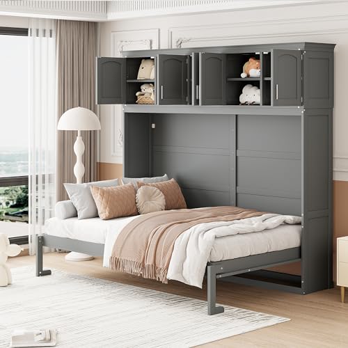Merax Modern Farmhouse Solid Wood Murphy Cabinet Bed with Top Cabinets, Tall Wall Platform Bed No Box Spring Needed/Easy Assemble Queen,Gray