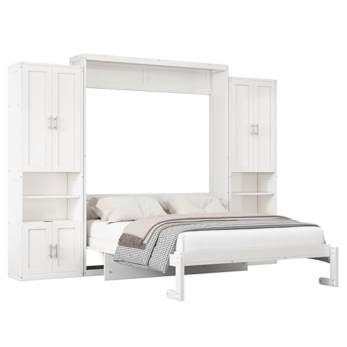 UOCFYK Queen Size Murphy Bed Wall Bed with 2 Side Cabinet Storage Shelf & Desk Combo,68-inch Vertical Wall Bedframe w/Can Be Folded for Bedroom Guest Room Small Space, White