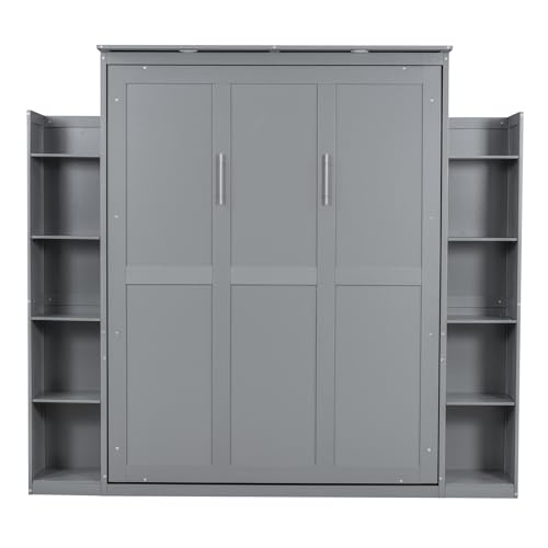 Jintop Queen Size Murphy Bed Wall Bed with Shelves and LED Lights,can be Folded,Hideaway Cabinet Bed Frame W/ 2 Five-layer Cabinets,Slat Support,for Apartment,Bedroom,Guest Room,Gray