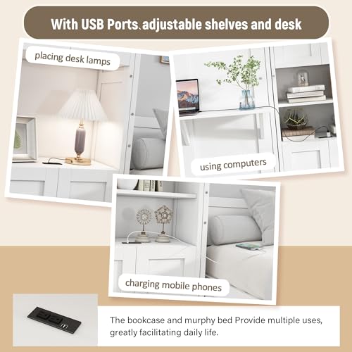 UOCFYK Queen Size Murphy Bed Wall Bed with 2 Side Cabinet Storage Shelf & Desk Combo,68-inch Vertical Wall Bedframe w/Can Be Folded for Bedroom Guest Room Small Space, White