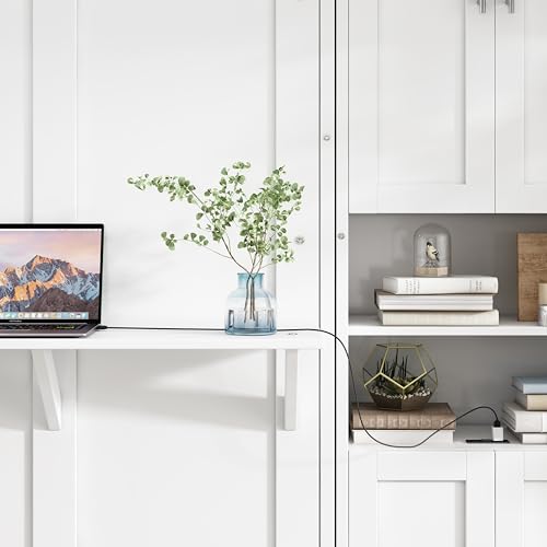 UOCFYK Queen Size Murphy Bed Wall Bed with 2 Side Cabinet Storage Shelf & Desk Combo,68-inch Vertical Wall Bedframe w/Can Be Folded for Bedroom Guest Room Small Space, White