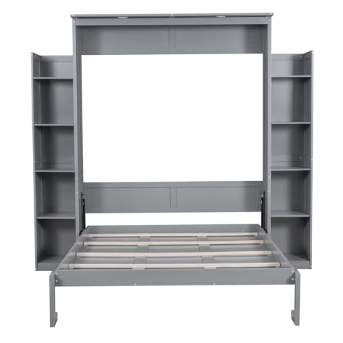 Jintop Queen Size Murphy Bed Wall Bed with Shelves and LED Lights,can be Folded,Hideaway Cabinet Bed Frame W/ 2 Five-layer Cabinets,Slat Support,for Apartment,Bedroom,Guest Room,Gray