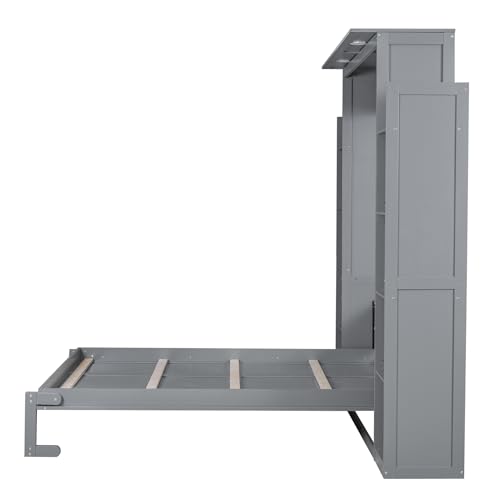 Jintop Queen Size Murphy Bed Wall Bed with Shelves and LED Lights,can be Folded,Hideaway Cabinet Bed Frame W/ 2 Five-layer Cabinets,Slat Support,for Apartment,Bedroom,Guest Room,Gray
