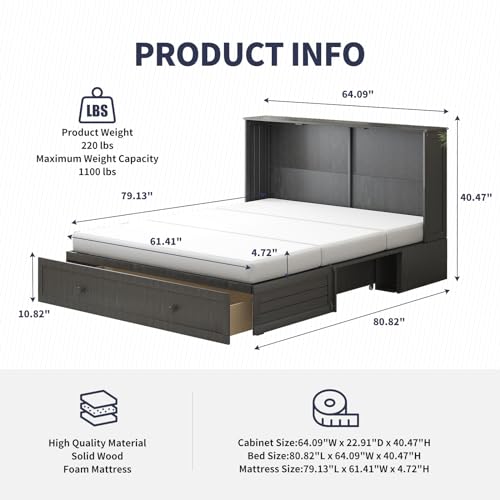 ijuicy Murphy Bed, Queen Size Cube Cabinet Bed w/Foldable Memory Foam Mattress/USB Charging Station/Large Drawer & Side Storage Board for Guests/Bed Room-Poplar Grey