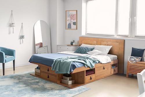 memomad Bali Slim Set: Storage Platform Bed with Drawers + Flat Panel Headboard (Queen Size, Oak Brown Wood)