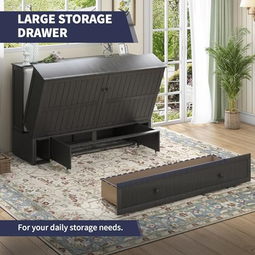 ijuicy Murphy Bed, Queen Size Cube Cabinet Bed w/Foldable Memory Foam Mattress/USB Charging Station/Large Drawer & Side Storage Board for Guests/Bed Room-Poplar Grey