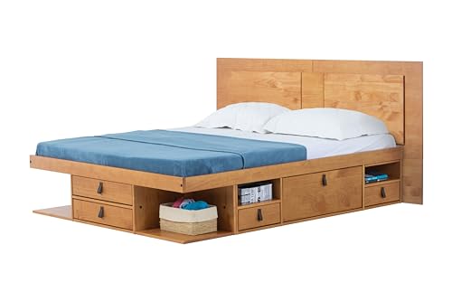 memomad Bali Slim Set: Storage Platform Bed with Drawers + Flat Panel Headboard (Queen Size, Oak Brown Wood)