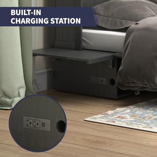 ijuicy Murphy Bed, Queen Size Cube Cabinet Bed w/Foldable Memory Foam Mattress/USB Charging Station/Large Drawer & Side Storage Board for Guests/Bed Room-Poplar Grey