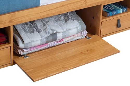 memomad Bali Slim Set: Storage Platform Bed with Drawers + Flat Panel Headboard (Queen Size, Oak Brown Wood)