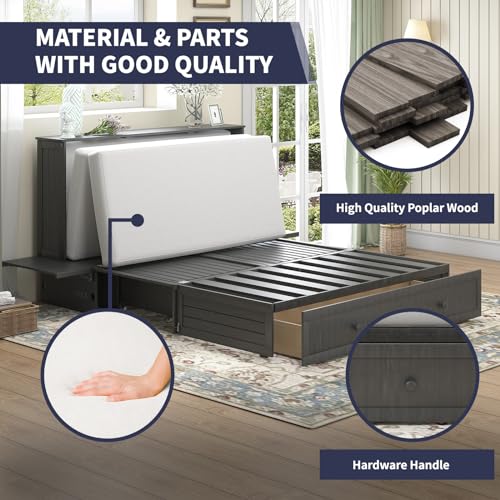 ijuicy Murphy Bed, Queen Size Cube Cabinet Bed w/Foldable Memory Foam Mattress/USB Charging Station/Large Drawer & Side Storage Board for Guests/Bed Room-Poplar Grey