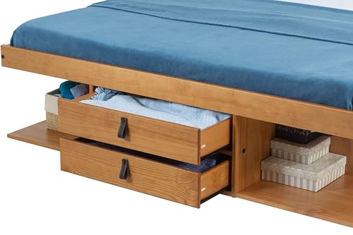 memomad Bali Slim Set: Storage Platform Bed with Drawers + Flat Panel Headboard (Queen Size, Oak Brown Wood)
