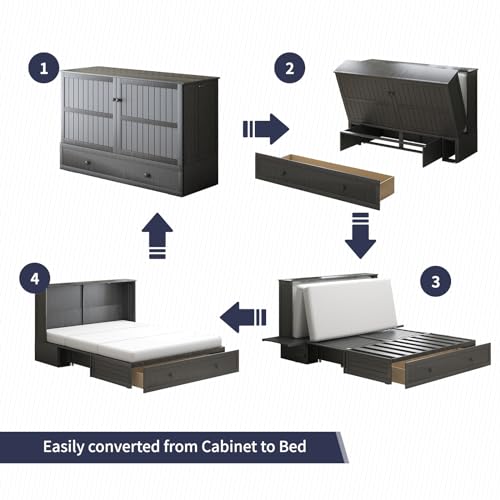 ijuicy Murphy Bed, Queen Size Cube Cabinet Bed w/Foldable Memory Foam Mattress/USB Charging Station/Large Drawer & Side Storage Board for Guests/Bed Room-Poplar Grey