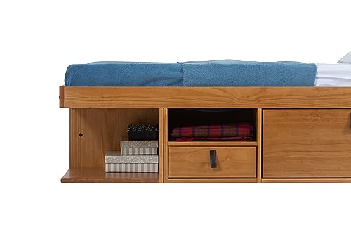 memomad Bali Slim Set: Storage Platform Bed with Drawers + Flat Panel Headboard (Queen Size, Oak Brown Wood)