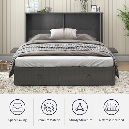 ijuicy Murphy Bed, Queen Size Cube Cabinet Bed w/Foldable Memory Foam Mattress/USB Charging Station/Large Drawer & Side Storage Board for Guests/Bed Room-Poplar Grey