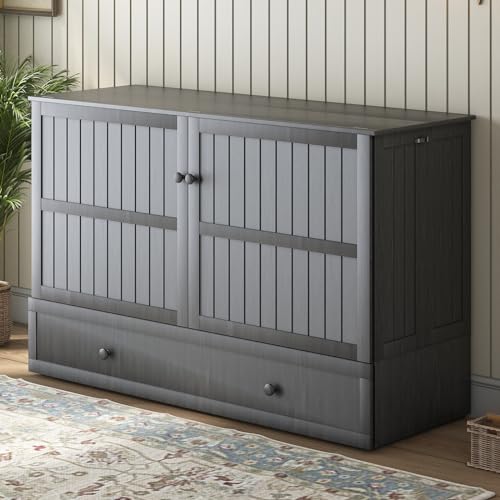 ijuicy Murphy Bed, Queen Size Cube Cabinet Bed w/Foldable Memory Foam Mattress/USB Charging Station/Large Drawer & Side Storage Board for Guests/Bed Room-Poplar Grey