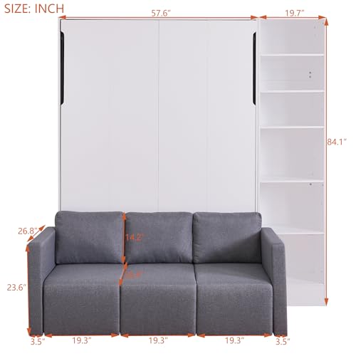 Full Size Murphy Bed Wall Bed with Sofa and Storage Shelves, White