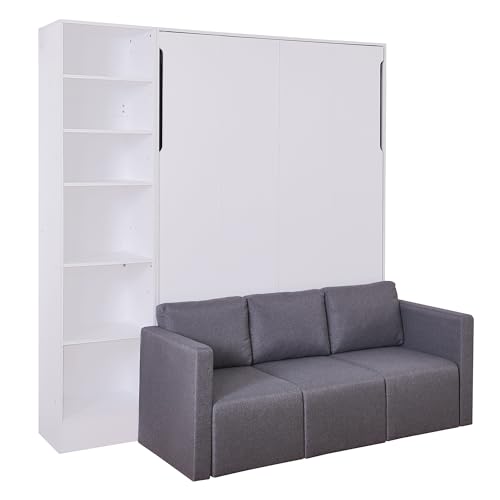 Full Size Murphy Bed Wall Bed with Sofa and Storage Shelves, White
