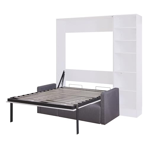 Full Size Murphy Bed Wall Bed with Sofa and Storage Shelves, White