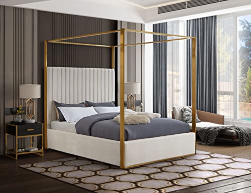 Meridian Furniture JonesCream-K Jones Collection Modern | Contemporary Upholstered King Bed, Cream Velvet, Channel Tufting, Brushed Brass Frame, 82.5" W x 86.5" D x 79" H, Cream, King