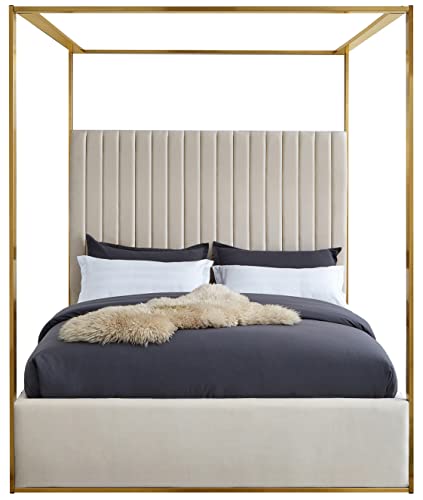 Meridian Furniture JonesCream-K Jones Collection Modern | Contemporary Upholstered King Bed, Cream Velvet, Channel Tufting, Brushed Brass Frame, 82.5" W x 86.5" D x 79" H, Cream, King