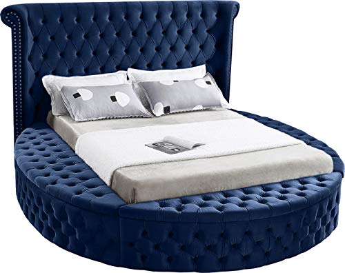 Meridian Furniture Luxus Collection Modern | Contemporary Round Shaped Velvet Upholstered Bed with Deep Button Tufting and Footboard Storage, King, Navy