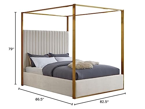 Meridian Furniture JonesCream-K Jones Collection Modern | Contemporary Upholstered King Bed, Cream Velvet, Channel Tufting, Brushed Brass Frame, 82.5" W x 86.5" D x 79" H, Cream, King