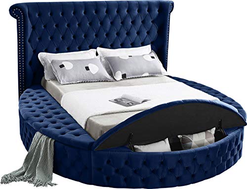 Meridian Furniture Luxus Collection Modern | Contemporary Round Shaped Velvet Upholstered Bed with Deep Button Tufting and Footboard Storage, King, Navy