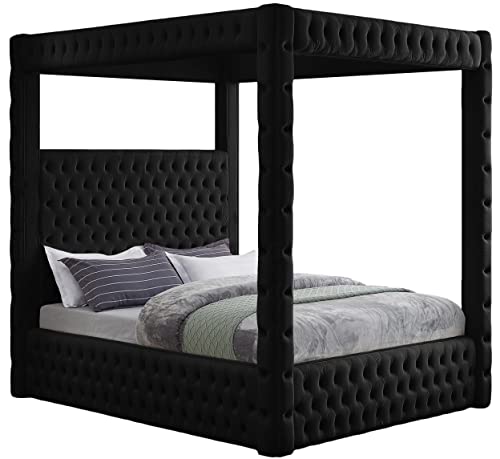 Meridian Furniture RoyalBlack-K Royal Collection Modern | Contemporary Velvet Upholstered King Bed with Soft Black Velvet, Deep Elegant Tufting, Canopy, 86.5" W x 89" D x 87" H, Black, King