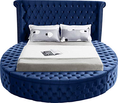 Meridian Furniture Luxus Collection Modern | Contemporary Round Shaped Velvet Upholstered Bed with Deep Button Tufting and Footboard Storage, King, Navy
