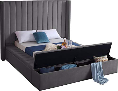 Meridian Furniture Kiki Collection Modern | Contemporary Velvet Upholsterd Bed with Channel Tufting, Siderails and Footboard Storage Compartments, King, Grey