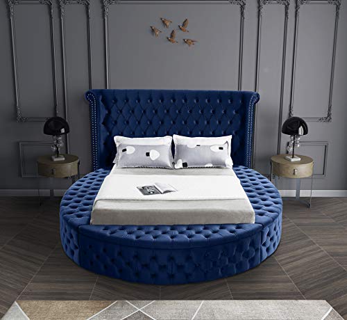 Meridian Furniture Luxus Collection Modern | Contemporary Round Shaped Velvet Upholstered Bed with Deep Button Tufting and Footboard Storage, King, Navy