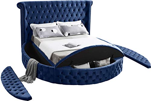 Meridian Furniture Luxus Collection Modern | Contemporary Round Shaped Velvet Upholstered Bed with Deep Button Tufting and Footboard Storage, King, Navy