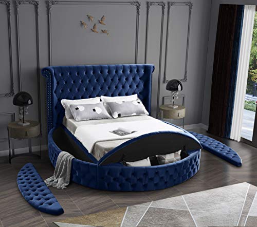 Meridian Furniture Luxus Collection Modern | Contemporary Round Shaped Velvet Upholstered Bed with Deep Button Tufting and Footboard Storage, King, Navy
