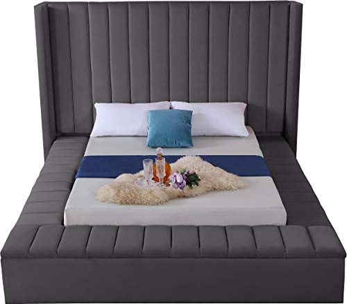 Meridian Furniture Kiki Collection Modern | Contemporary Velvet Upholsterd Bed with Channel Tufting, Siderails and Footboard Storage Compartments, King, Grey