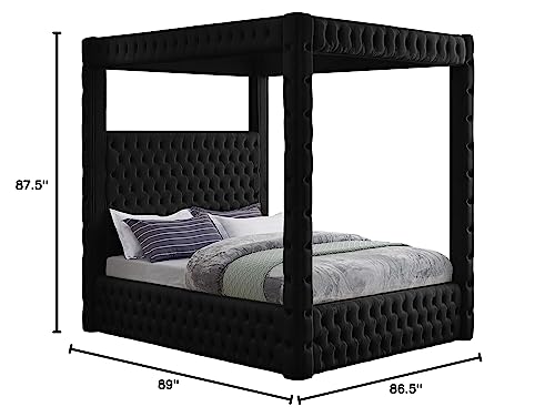 Meridian Furniture RoyalBlack-K Royal Collection Modern | Contemporary Velvet Upholstered King Bed with Soft Black Velvet, Deep Elegant Tufting, Canopy, 86.5" W x 89" D x 87" H, Black, King