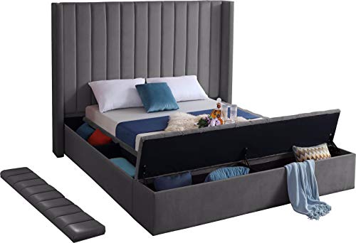 Meridian Furniture Kiki Collection Modern | Contemporary Velvet Upholsterd Bed with Channel Tufting, Siderails and Footboard Storage Compartments, King, Grey