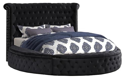 First of a Kind Circle Velvet Tufted upholstered Platform Storage Bed, Circle Bed with Button Tufting and Storage Compartments in Rails and Footboard, Circle Bed Frame (Black, California King)