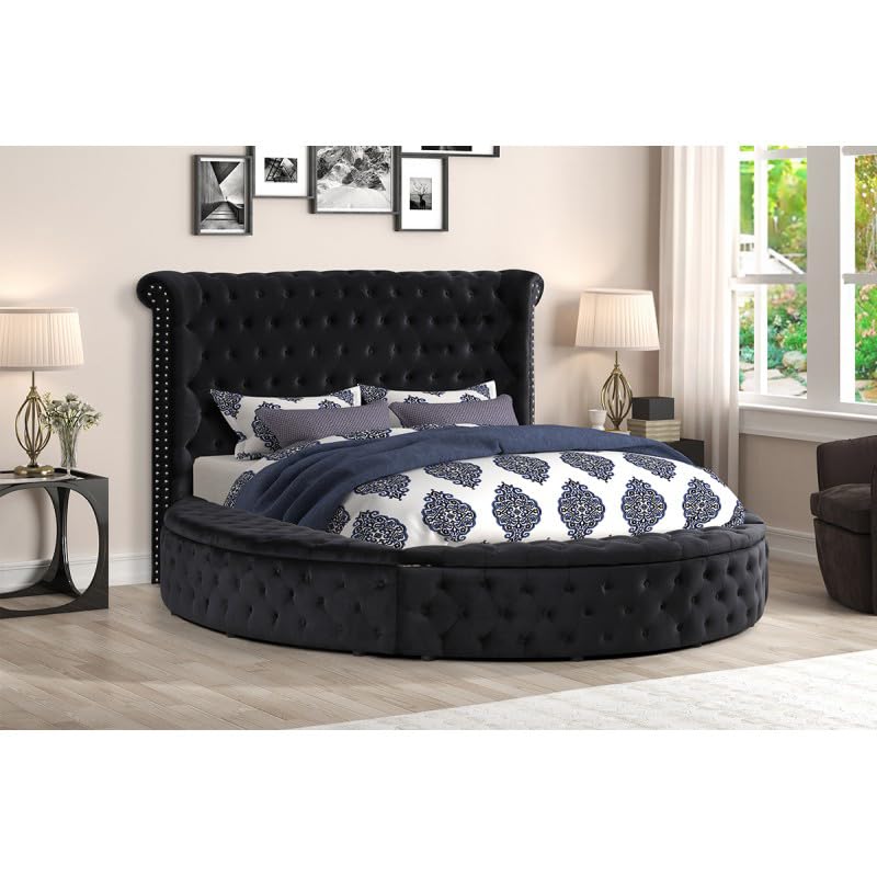 First of a Kind Circle Velvet Tufted upholstered Platform Storage Bed, Circle Bed with Button Tufting and Storage Compartments in Rails and Footboard, Circle Bed Frame (Black, California King)
