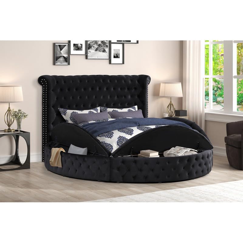 First of a Kind Circle Velvet Tufted upholstered Platform Storage Bed, Circle Bed with Button Tufting and Storage Compartments in Rails and Footboard, Circle Bed Frame (Black, California King)