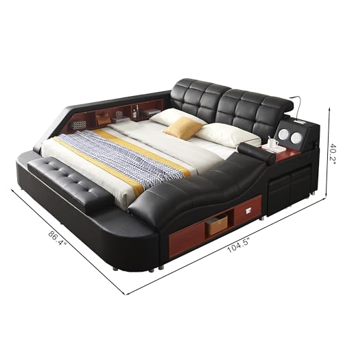 WAQINBR Multifunctional Queen Bed Frame, Modern Luxury Smart Bed with Massage Recliner on Right/Music Speaker/USB Port/Storage Drawers, Adjustable Leather Upholstered Headboard, Black