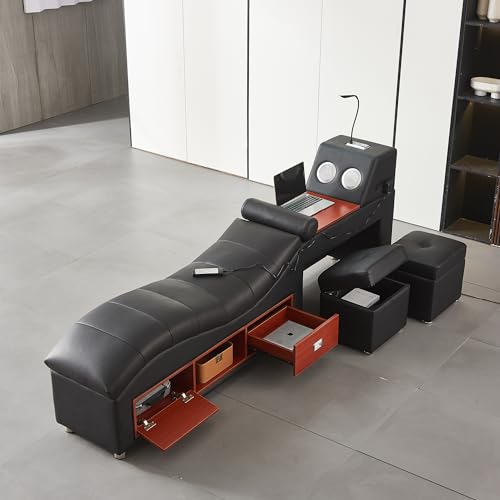 WAQINBR Multifunctional Queen Bed Frame, Modern Luxury Smart Bed with Massage Recliner on Right/Music Speaker/USB Port/Storage Drawers, Adjustable Leather Upholstered Headboard, Black