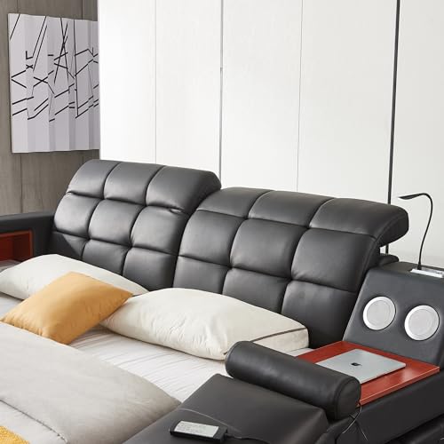 WAQINBR Multifunctional Queen Bed Frame, Modern Luxury Smart Bed with Massage Recliner on Right/Music Speaker/USB Port/Storage Drawers, Adjustable Leather Upholstered Headboard, Black