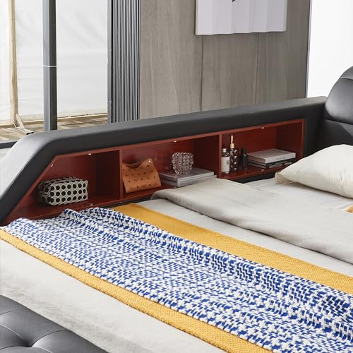 WAQINBR Multifunctional Queen Bed Frame, Modern Luxury Smart Bed with Massage Recliner on Right/Music Speaker/USB Port/Storage Drawers, Adjustable Leather Upholstered Headboard, Black
