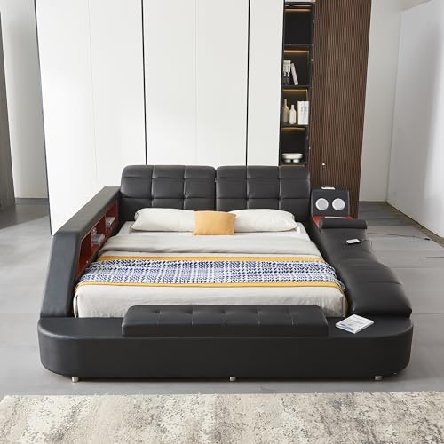 WAQINBR Multifunctional Queen Bed Frame, Modern Luxury Smart Bed with Massage Recliner on Right/Music Speaker/USB Port/Storage Drawers, Adjustable Leather Upholstered Headboard, Black